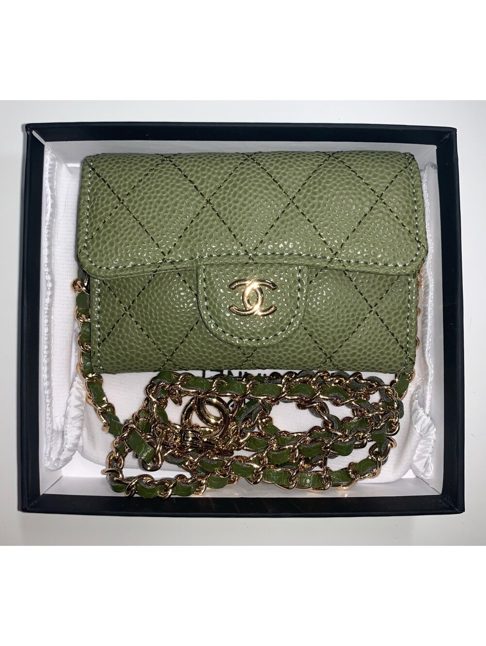 Authentic CHANEL - Caviar Quilted Chanel Flap Card Wallet w/Chain -  MIB - Green